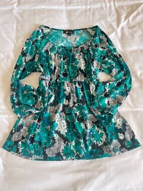 AB Studio Size S Teal & Grey Floral Smocked Peasant Tunic Top